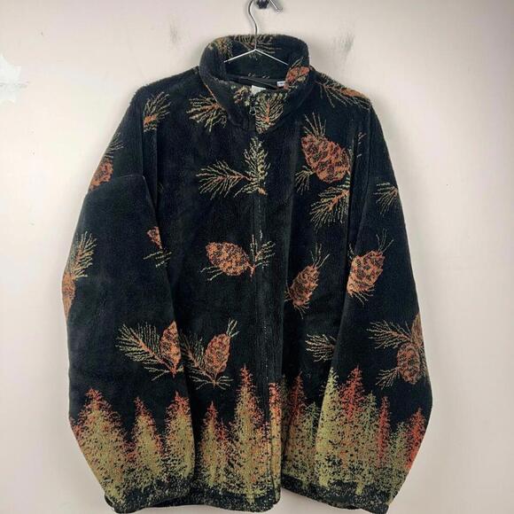 Vintage Cobblestone Canyon Fleece Jacket 2X Made in USA Pinecone Forest Print - Picture 1 of 7